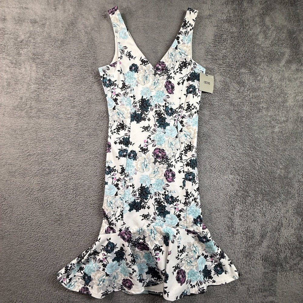 ASOS Floral Midi Dress Women's 4 Bodycon Sleeveless Tank Ruffle Hem Multi NWT